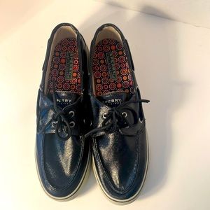 Sperry Topsider Black Shiny Canvas loafers Women's size 10 M.  Like New